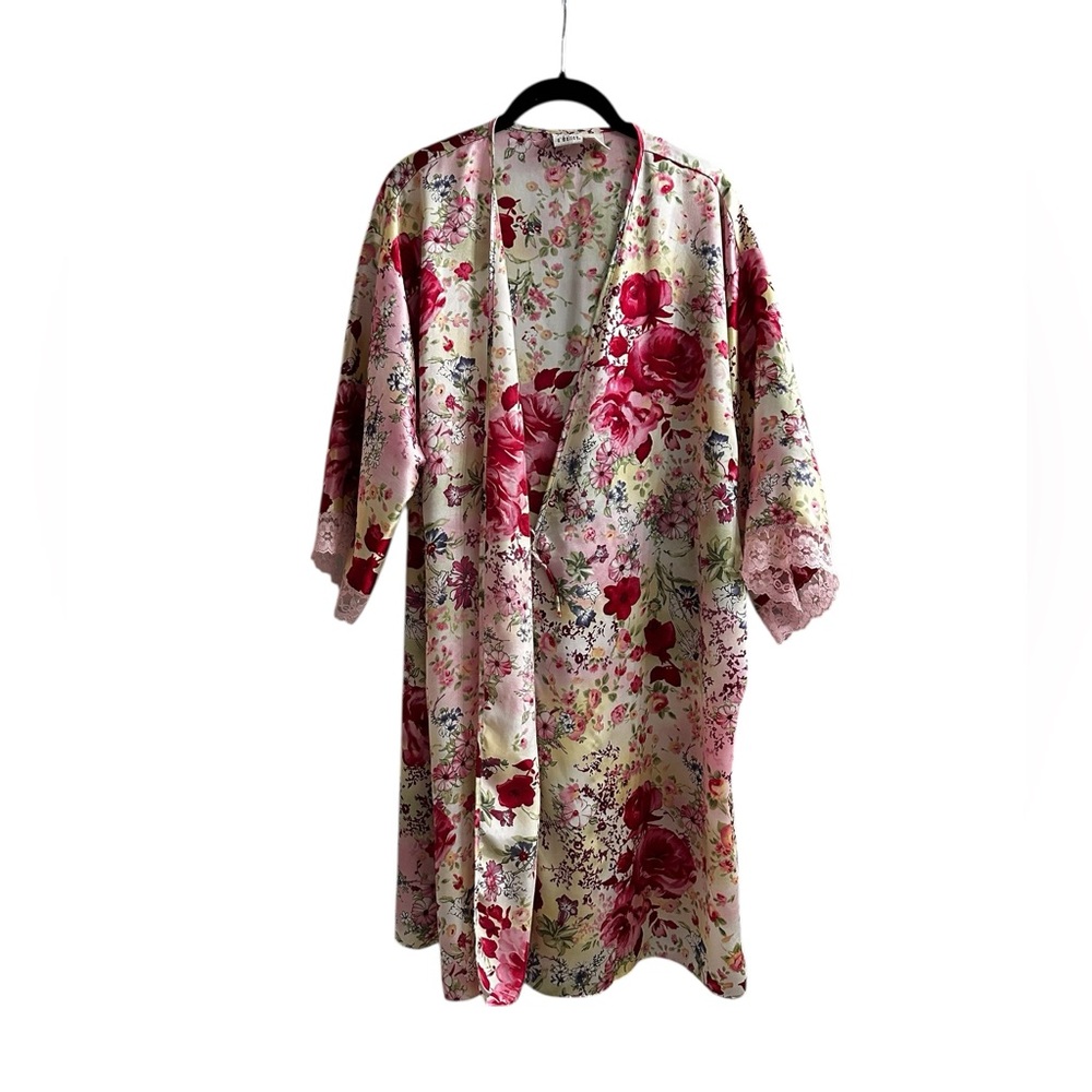 Gilligan & O’Malley Womens Large Satin Floral & Lace Robe Pink Coquette Lounge